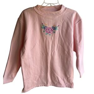 Vintage 90's 80's Pink Floral Embroidered Mock Neck Sweatshirt Women's Small
